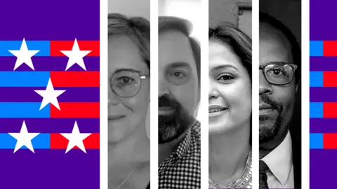 BBC Graphic with four faces of voters who are naturalised US citizens