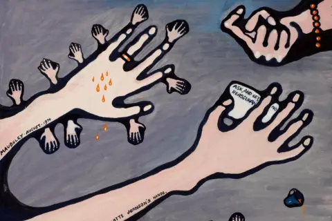 The Estate of Charlotte Johnson Wahl An abstract oil painting of forearms and hands, some dripping with orange liquid, a dropped cup of tea, and a business card with Ask, and Get, No Reassurance