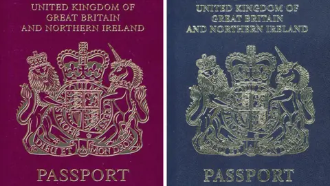 Home Office/PA Composite of a red passport and an undated handout photo issued by the Home Office of how a British passport will look after Brexit. Issue date: Friday December 22, 2017