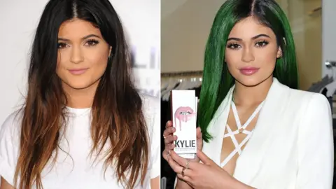 Getty/Shutterstock Side-by-sie collage showing Kylie Jenner in 2013, and in 2015 with much bigger lips at launch event
