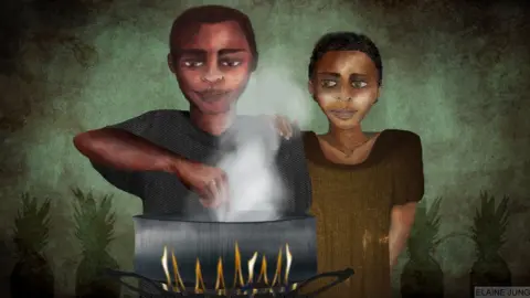 Elaine Jung Man cooking next to his wife