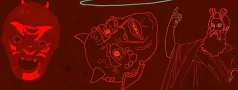 Red background covered in images of mythical creatures