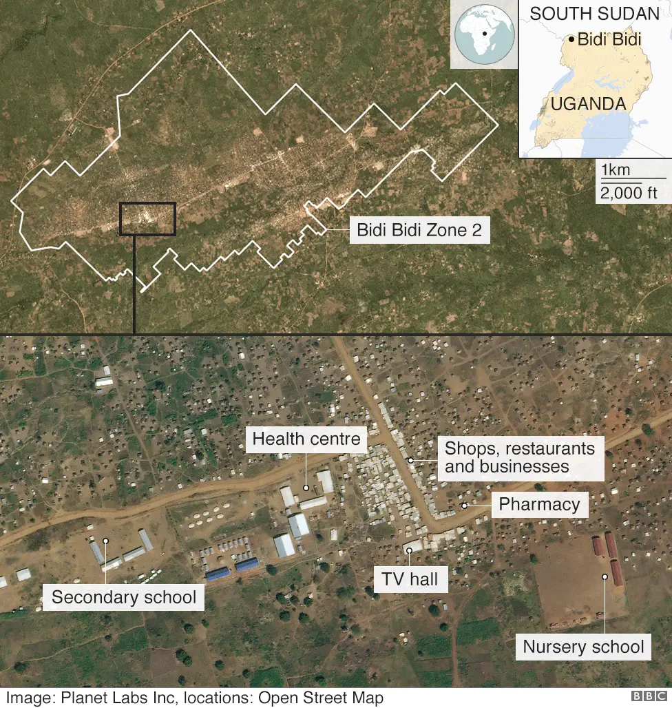 BBC Satellite image of Bidi Bidi camp, showing schools, hospitals, shops and businesses
