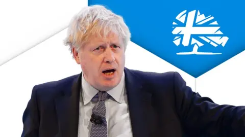 BBC Boris Johnson in front of the Conservative Party logo