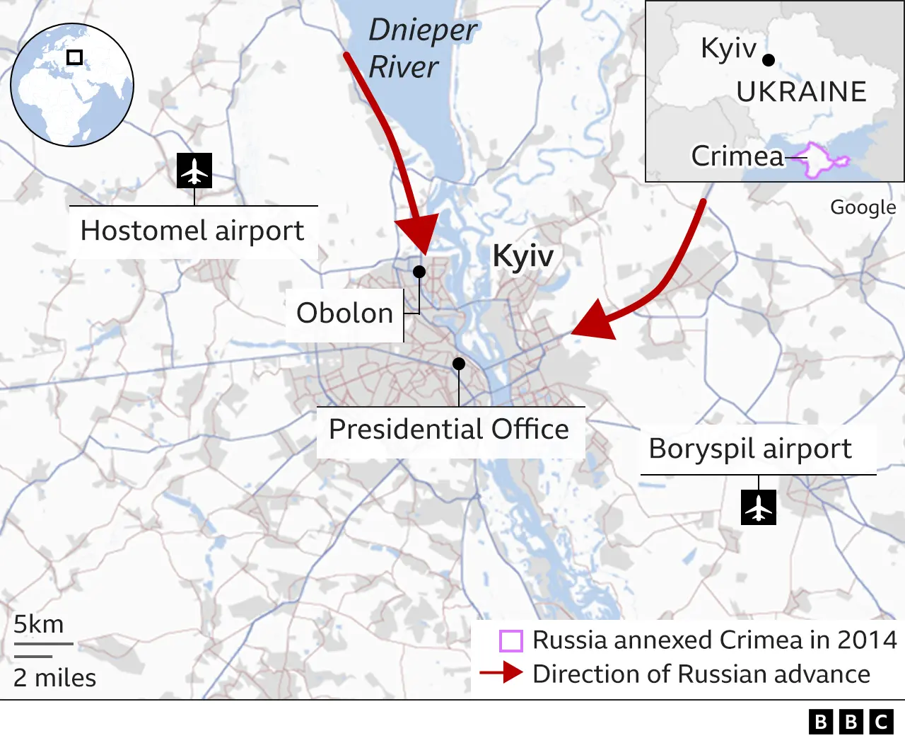 Map showing Kyiv. Updated 25 FEB..