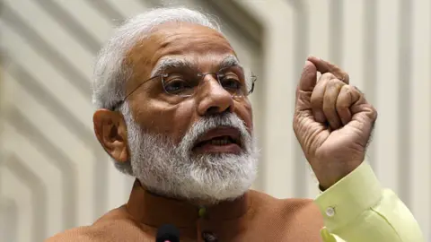 Getty Images Prime Minister Narendra Modi addresses after presenting the CSIR Shanti Swaroop Bhatnagar Prize for Science and Technology 2016-18 at Vigyan Bhavan on February 28, 2019