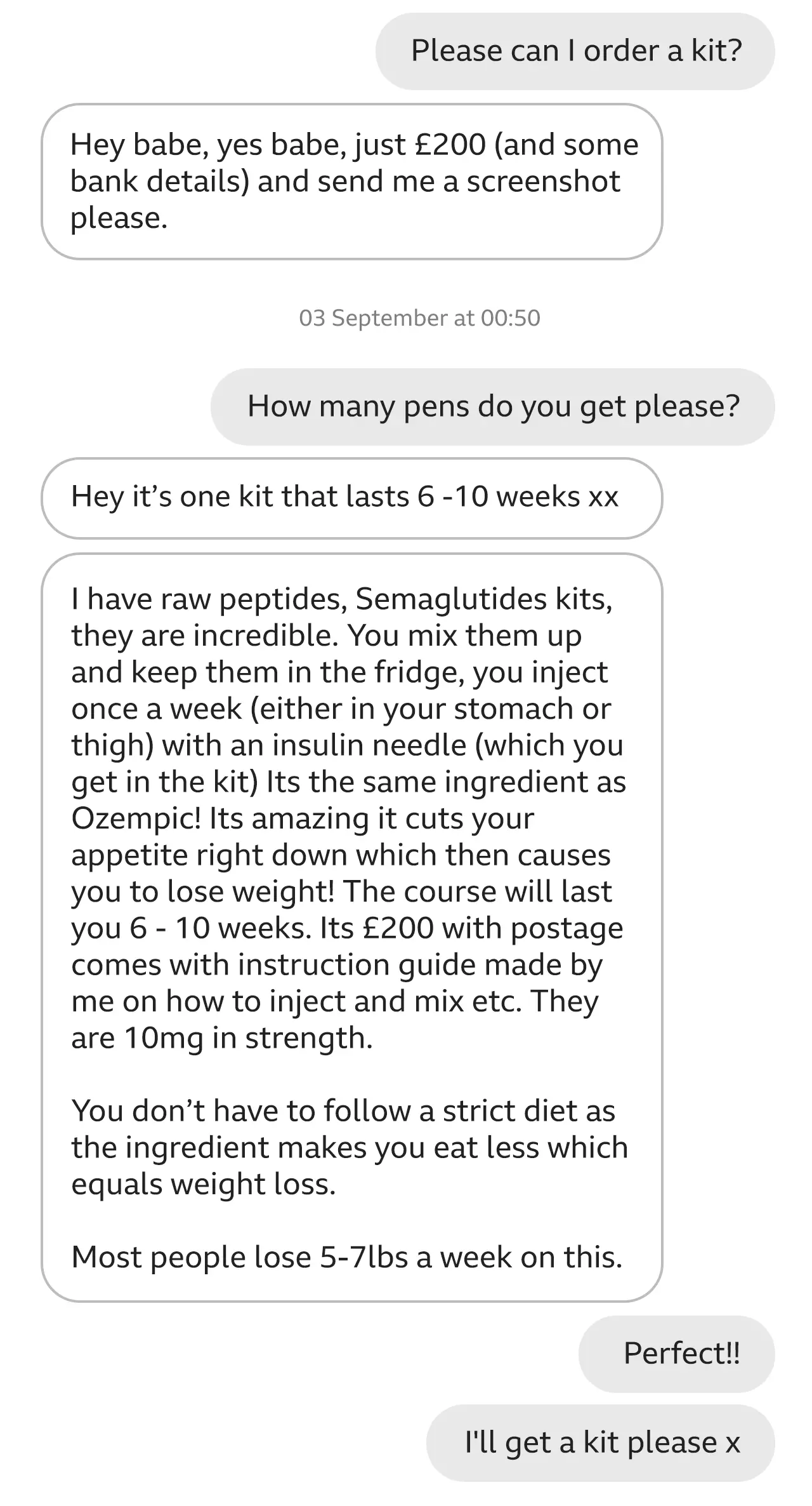An Instagram conversation between the Lip King, who is selling semaglutide, and Maddy who is interested in buying it
