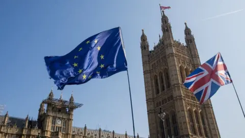 Getty Images EU and the Union Flag flying at Westminster