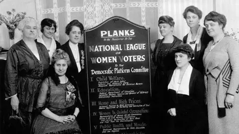 Getty Images Members of League of Women Voters in the US are photographed with a plank the organisation presented to the Democratic Platform Committee in 1920