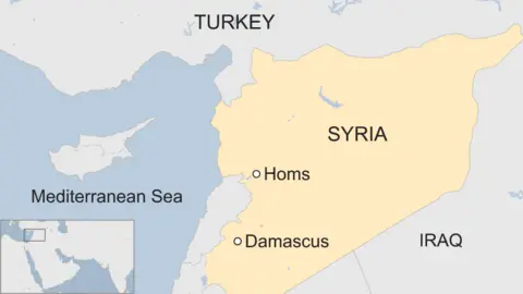 A BBC map showing the locations of Homs and Damascus in Syria