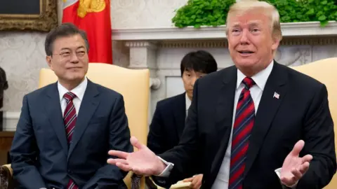 Getty Images US President Donald Trump and South Korean President Moon Jae-in hold a meeting in the Oval Office of the White House in Washington, DC, May 22, 2018.