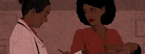 Illustration showing a doctor writing a question mark next to a mother holding a newborn