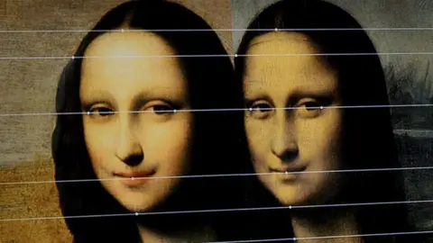AFP A comparison between the two painting displayed by the Mona Lisa Foundation at a presentation in Geneva, Switzerland
