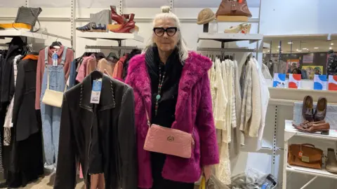 Chelsea Coates BBC Fabia with her new jacket in Charity Super.Mkt