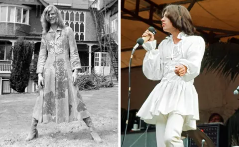 Getty Images David Bowie in 1971 wearing a man dress/Mick Jagger wearing a man dress at a concert at Hyde Park in 1969