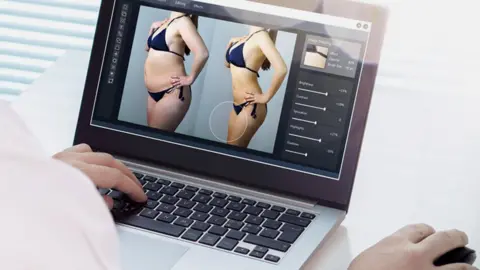 Alamy photo editing software open on laptop shows chubby original photo on left and touched-up, more tanned, skinny photo on right