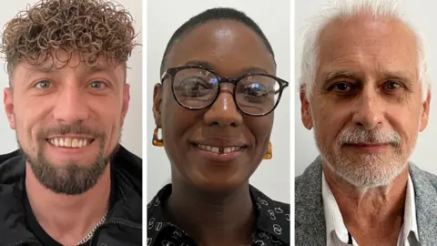 BBC A composite image of the headshots of Dean Plunkett, Nicole Lawal and another man who was part of the group. They are all looking directly at the camera and smiling. Ms Lawal has a dark shirt on and amber earrings. Mr Plunkett is wearing a dark jacket with a silver chain necklace and the other man is wearing a tweed jacket and white shirt. 