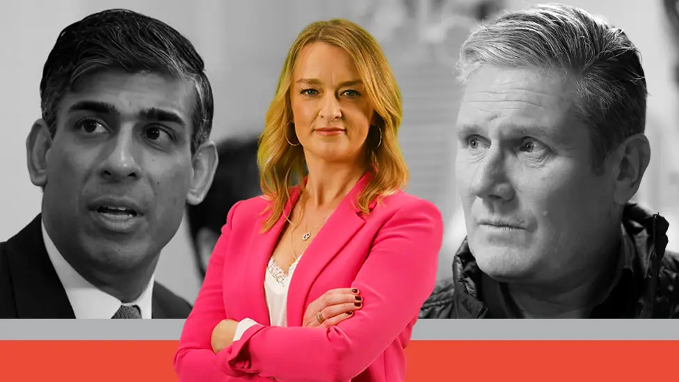 BBC Laura Kuenssberg in front of photos of Rishi Sunak and Keir Starmer