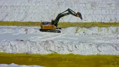 Getty Images Aerial view of SQM (Sociedad Quimica Minera) lithium extraction process in the Atacama Desert, Chile, on September 12, 2022.