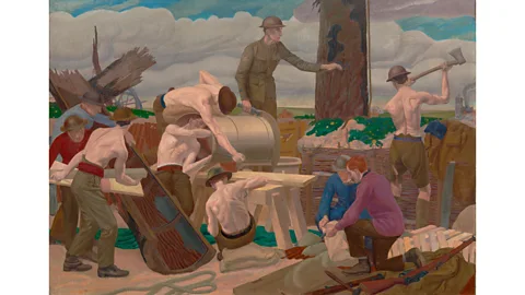 IWM ART 2283 Leon Underwood's Erecting a Camouflage Tree (1919) shows soldiers building an observation post out of hollow metal shaped to look like a dead tree (Credit: IWM ART 2283)