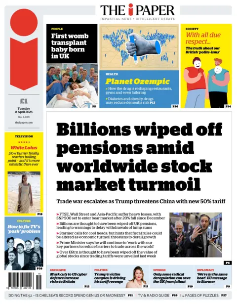 The i Paper: Billions wiped off pension funds in day of global stock market chaos
