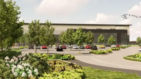IM Properties Artist's impression of grey and cream warehouse with black roof. There are cars parked outside. There are trees in front of the warehouse, and greenery with white flowers in the foreground. A road leads out of the picture on the right.