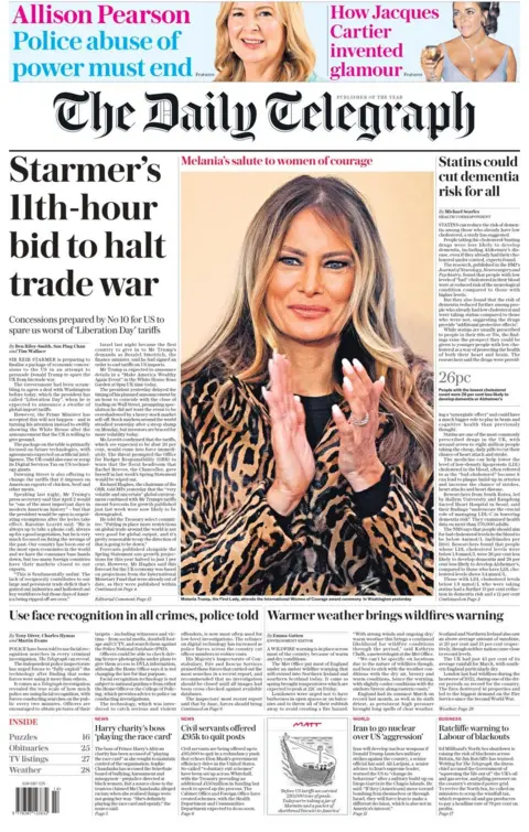 The front page of the Daily Telegraph shows a picture of Melania Trump clapping and smiling pleasantly. She is wearing a leopard print jacket. The headline next to her picture reads: Starmer's 11th-hour bid to halt trade war.