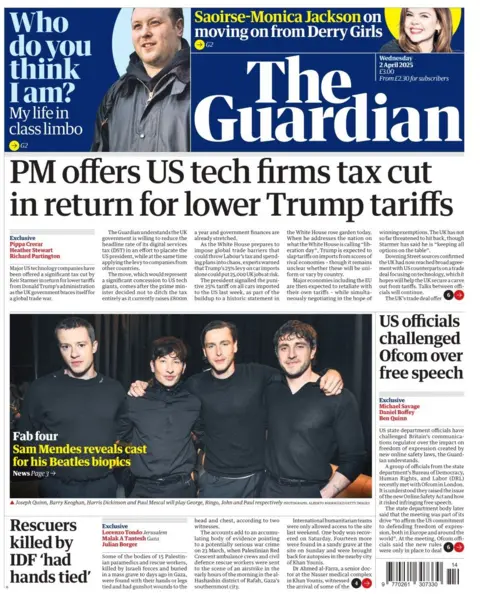 The Guardian front page includes a picture of the four actors who are set to portray the Beatles in the upcoming four films about the musicians' careers. The headlines read: PM offers US tech firms tax cut in return for lower Trump tariffs. Another smaller headline reads: US officials challenged Ofcom over free speech.