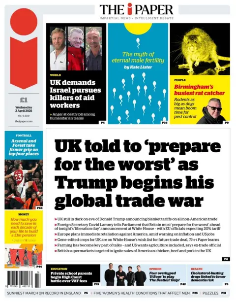 The i Paper front page shows a headline that reads: UK told to 'prepare for the worst' as Trump begins global trade war. A picture of a rat in the top right corner includes the headline: Birmingham's busiest rat catcher. 