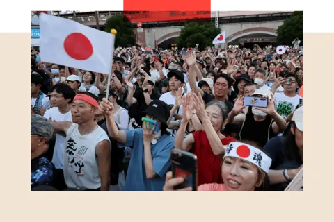Getty Images Supporters of Sanseito hold a rally in 2025.